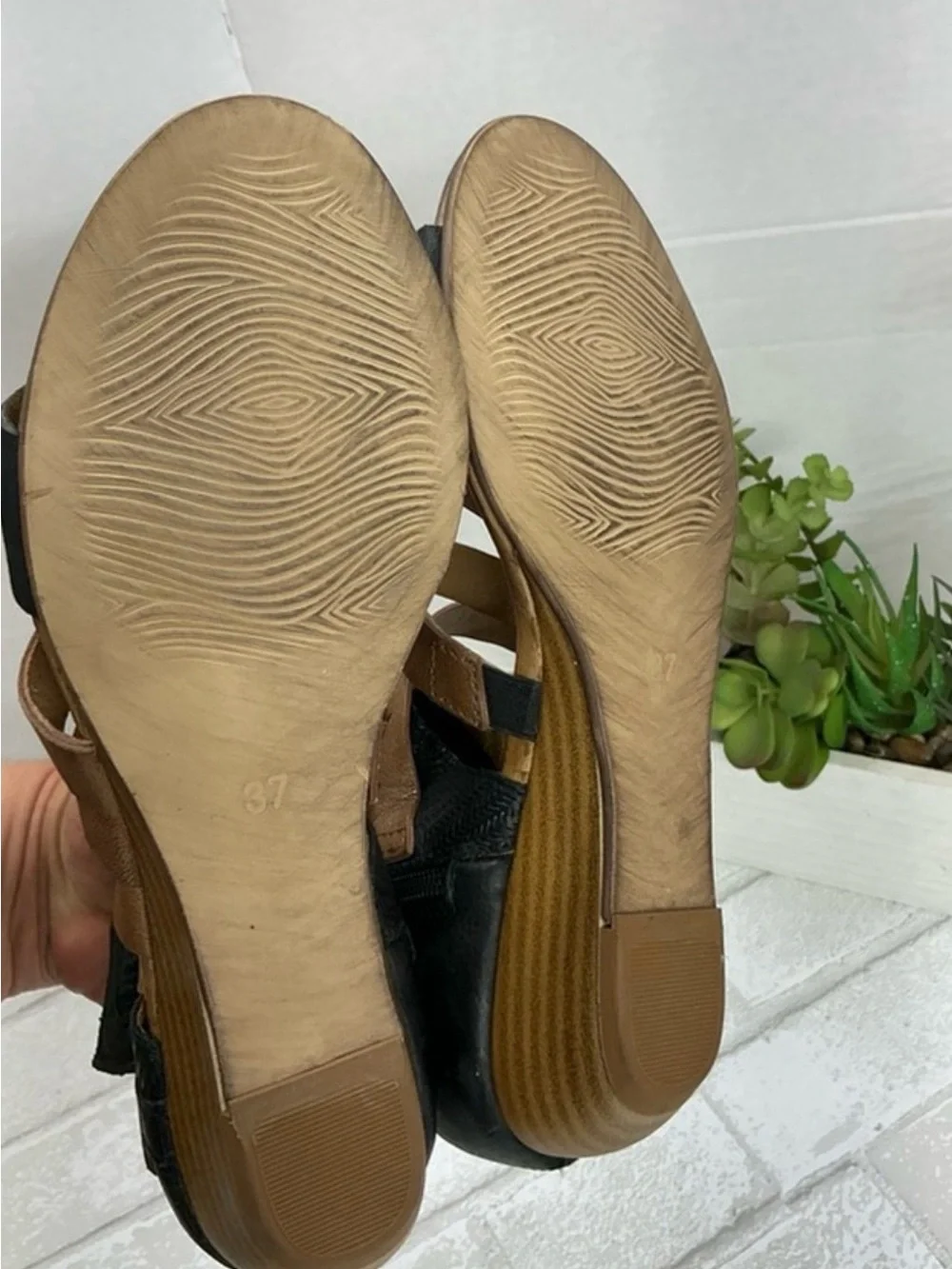 Miz Mooz Two-Tone Brown and Black Strappy Wedge Sandals